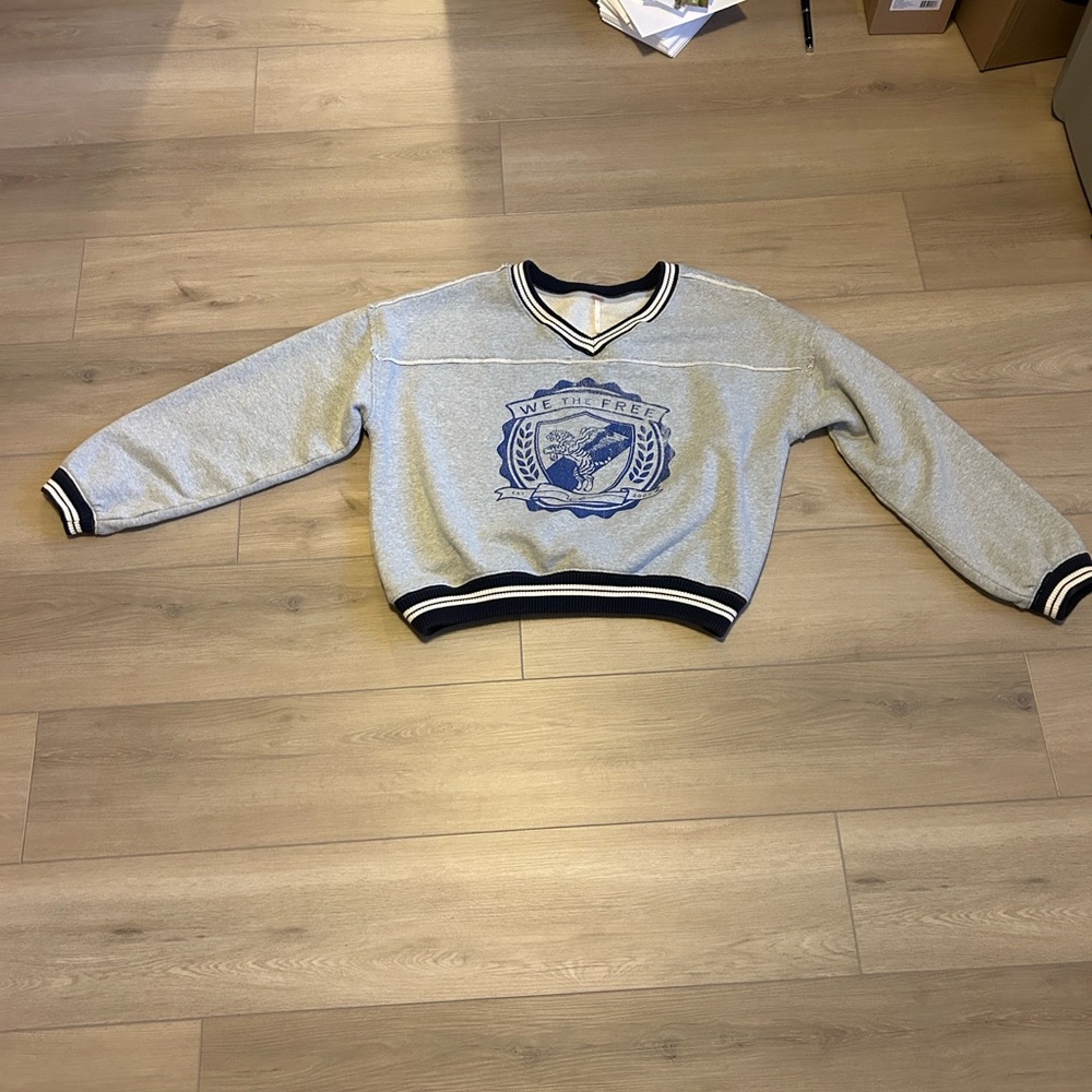 Free People Gray V-Neck Sweatshirt with Blue Emblem